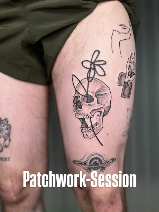 Big Patchwork Skull Flower Eye on Men Thigh Tattoo by @volume5_tattoo