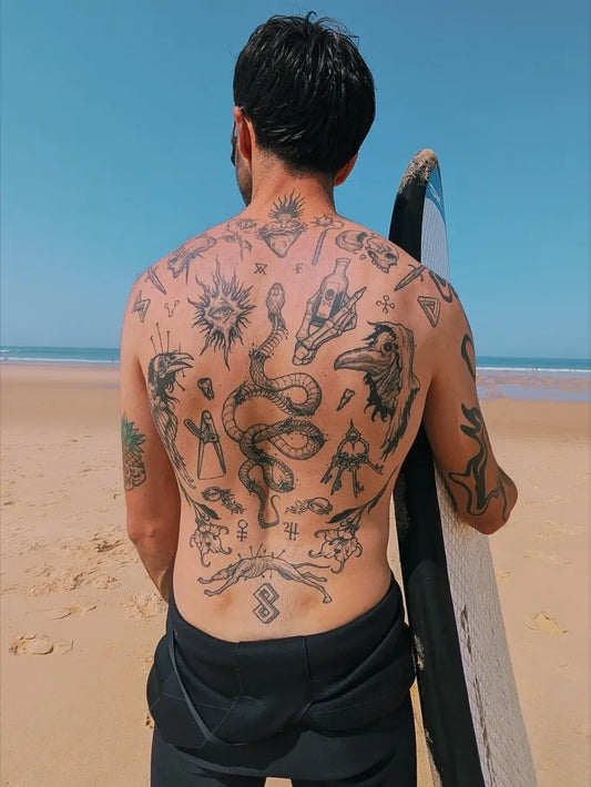 Big Patchwork Snake Dragon Sun on Men Back Tattoo by @sad_cid