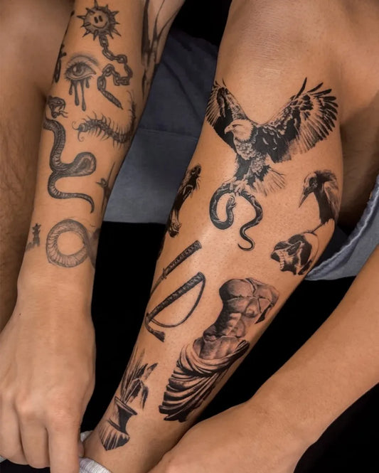 Big Patchwork Snake Eagle Crow on Men Leg Tattoo by @ken.tatts