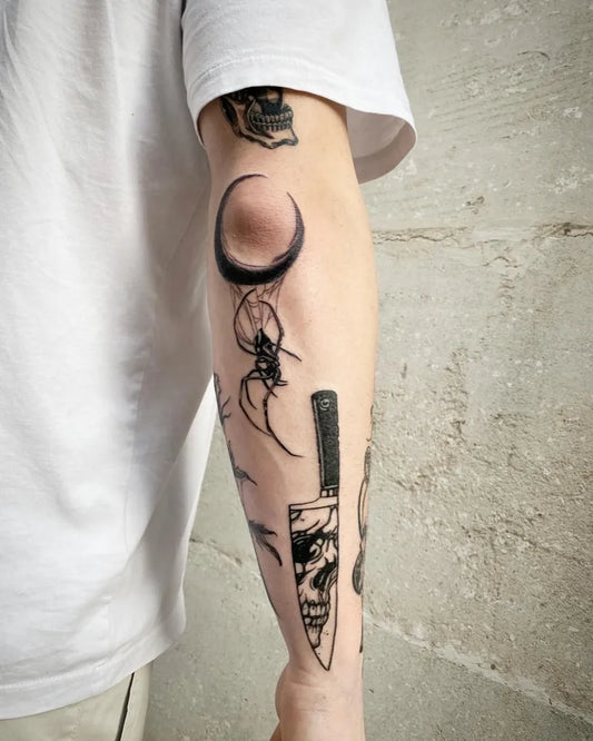 Big Patchwork Spider Knife Crescent Moon on Men Arm Tattoo by @cocoink_tattoo