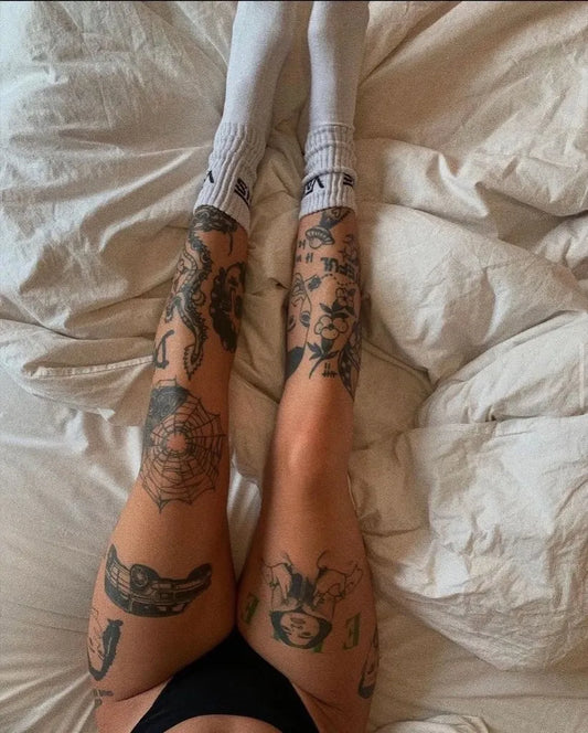 Big Patchwork Spider Snake Floral on Women Legs Tattoo by @doit4theink