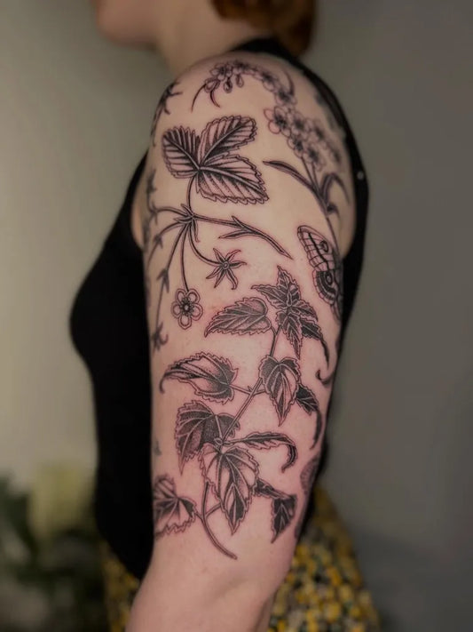 Big Patchwork Strawberry Leaves Flowers Vines on Women Arm Tattoo by @ulaluart