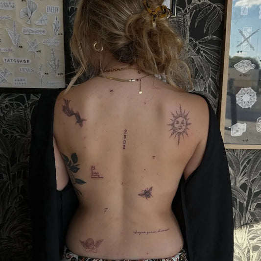 Big Patchwork Sun Bat Rose on Women Back Tattoo by @l.embuscade_ttt