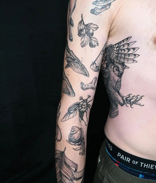 Big Patchwork Whale Owl Insect on Men Arm Tattoo by @sydbee.tattoo