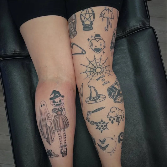 Big Patchwork Witch Pumpkin Spiderweb on Women Leg Tattoo by @adamtyler_tattoo