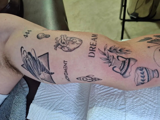 Big Patchwork heart dream butterfly on Men Arm Tattoo by @stimulated_ink