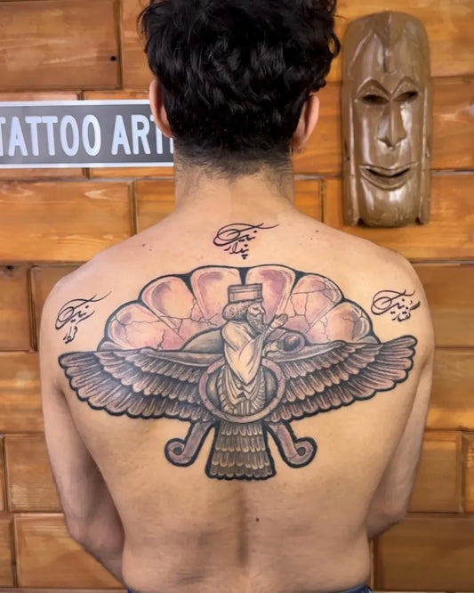 Big Persian Faravahar Symbol on Men Back Tattoo by @persian_tattoo_bc