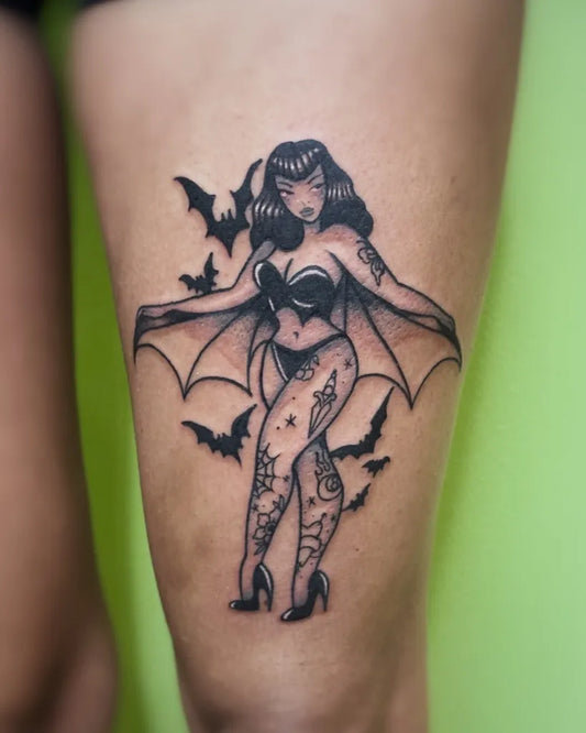 Big Pinup Bat Pinup Bats Tattoo on Women Thigh by @bunny.creates