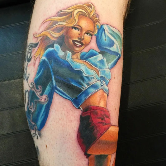 Big Pinup Pin Up Girl Tattoo on Men Leg by @fabiantattoo