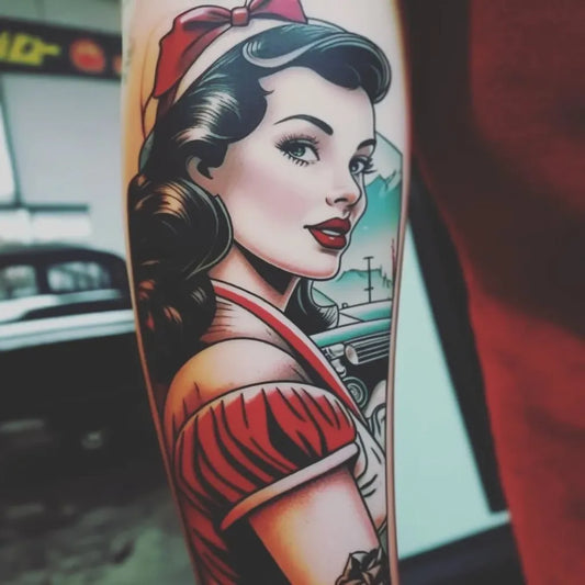 Big Pinup Tattoo on Women Arm by @artificiallytattooed