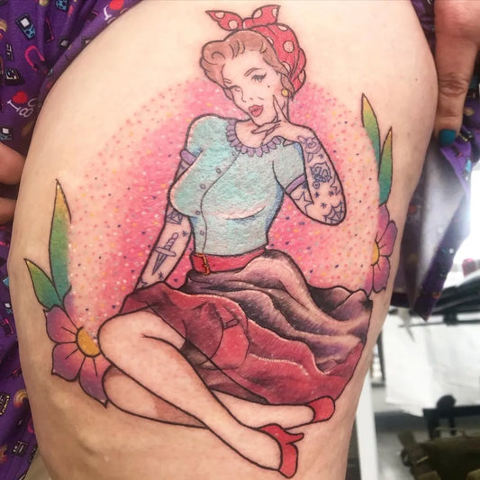 Big Pinup Woman Girl Tattoo on Women Thigh by @sarahaldoustattoo