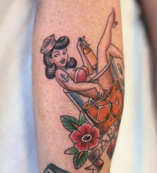 Big Pinup Women Tattoo on Women Leg by @skin.fx.tattoos