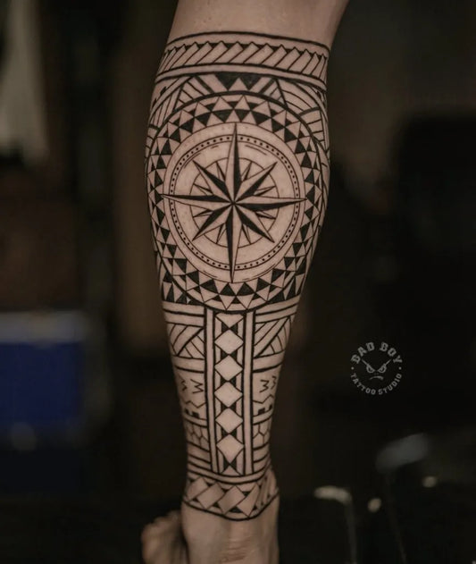 Big Polynesian Compass Wrap Tattoo on Men Leg by @badboytattoostudio