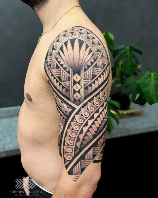 Big Polynesian Geometric Lotus on Men Arm Tattoo by @denisnoveli