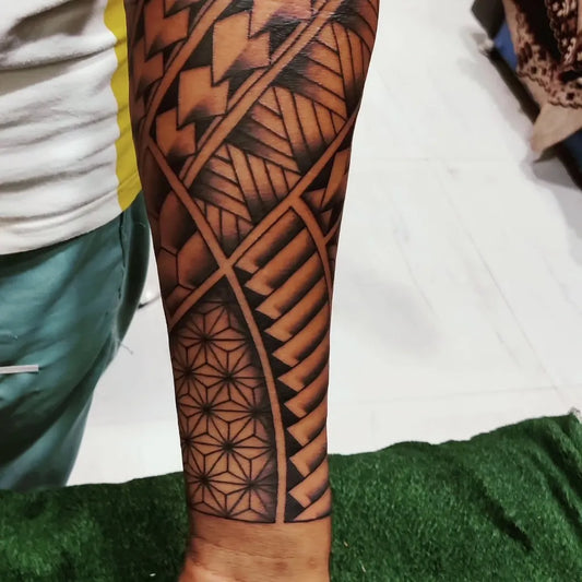 Big Polynesian Geometric Patterns on Men Arm Sleeve Tattoo by @niks_tattoo