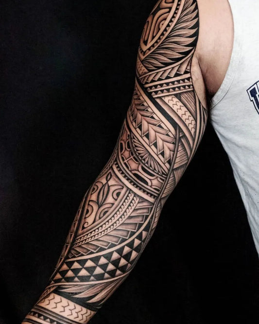 Big Polynesian Sleeve Tribal Pattern Tattoo on Men Arm by @islandtat