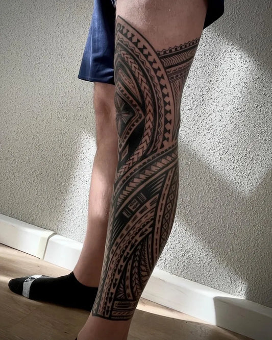 Big Polynesian Thigh Tribal Band Tattoo on Men Thigh by @flariktattooer