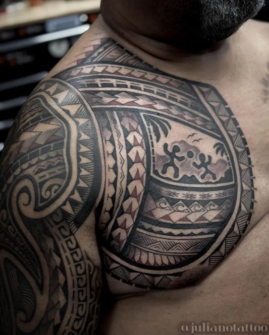 Big Polynesian Tribal Geometric Motifs on Men Chest Tattoo by @julianotattoo