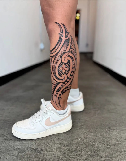 Big Polynesian Tribal Leg Bands Tattoo on Women Leg by @kiwi.burt