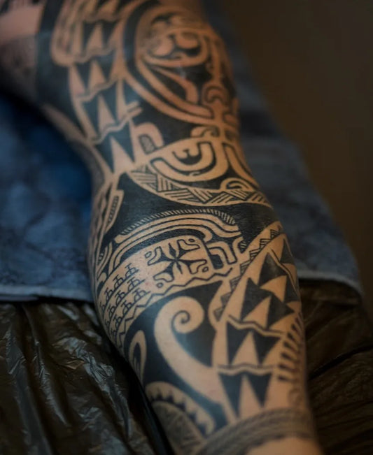 Big Polynesian Tribal Leg Sleeve on Men Leg Tattoo by @mirko_tatau