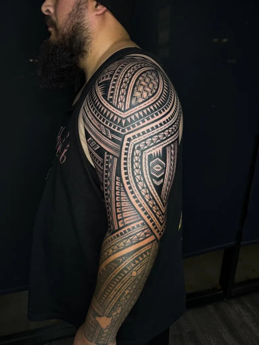 Big Polynesian Tribal Patterns Tattoo on Men Arm by @ajtfz.801