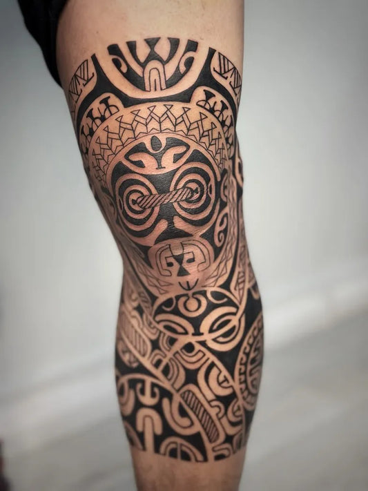 Big Polynesian Tribal Patterns Tattoo on Men Knee by @vikky_tattoo
