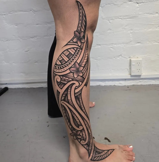 Big Polynesian Tribal Patterns and Flowers Tattoo on Women Thigh by @cliff_cole