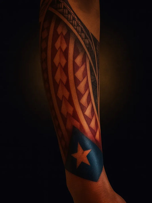 Big Polynesian Tribal Patterns with Star Tattoo on Men Arm by @tattoomaori