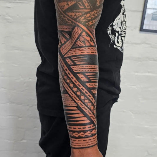 Big Polynesian Tribal Sleeve Tattoo on Men Arm by @cliff_cole