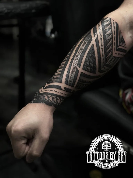 Big Polynesian Tribal Sleeve Tattoo on Men Arm by @tattoosbyzay
