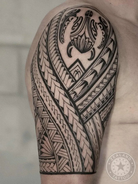 Big Polynesian Turtle Tattoo on Men Shoulder by @zealandtattoo