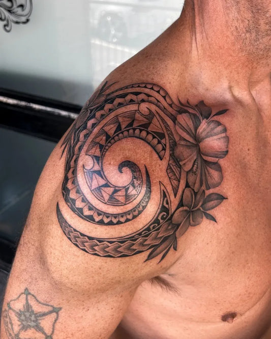 Big Polynesiantribal HibiscusandSpirals Tattoo on Men Shoulder by @michaela_leightattoo