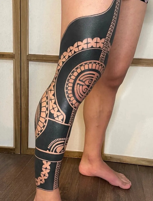 Big Polynesiantribalpatterns on Women Leg Tattoo by @folktattoobcn