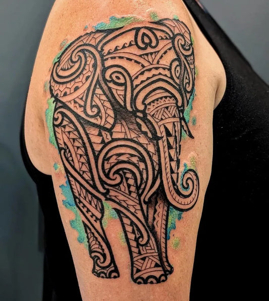 Big Polyphesian Elephant Tattoo on Women Arm by @joshuaflinn