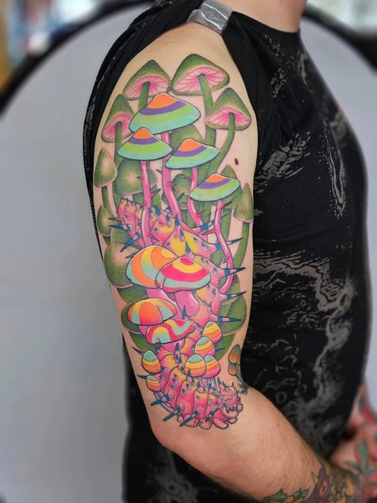 Big Psychedelic Mushrooms Cluster on Men Arm Tattoo by @zombiebellabug