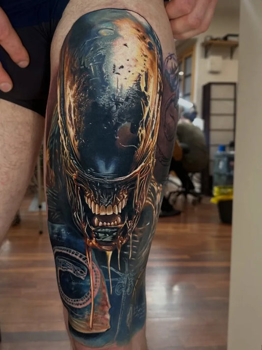 Big Realism Alien Tattoo on Men Thigh by @dbkaye