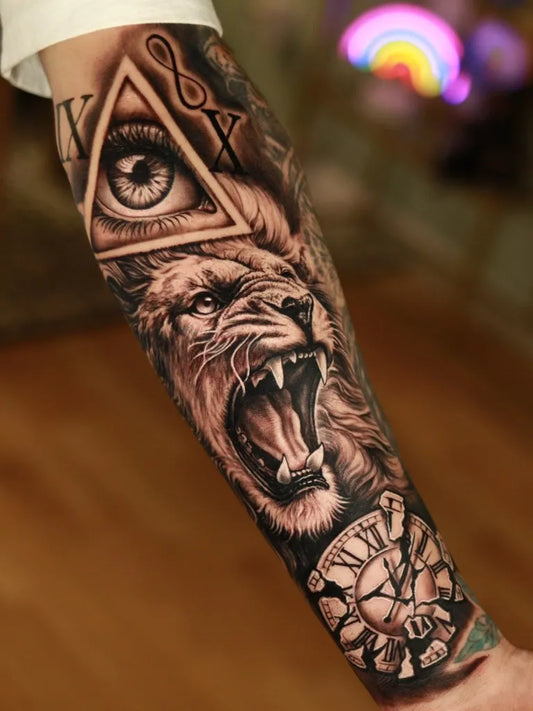 Big Realism All Seeing Eye Lion Clock Tattoo on Men Arm by @breno_salestattoo