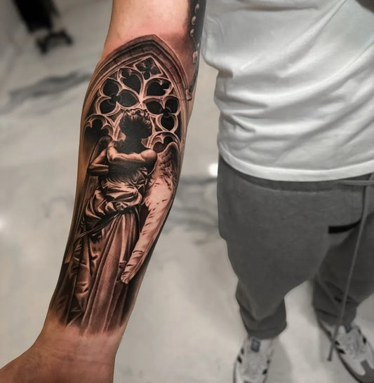Big Realism Angel Behind Rose Window Tattoo on Men Arm by @salahtattooart