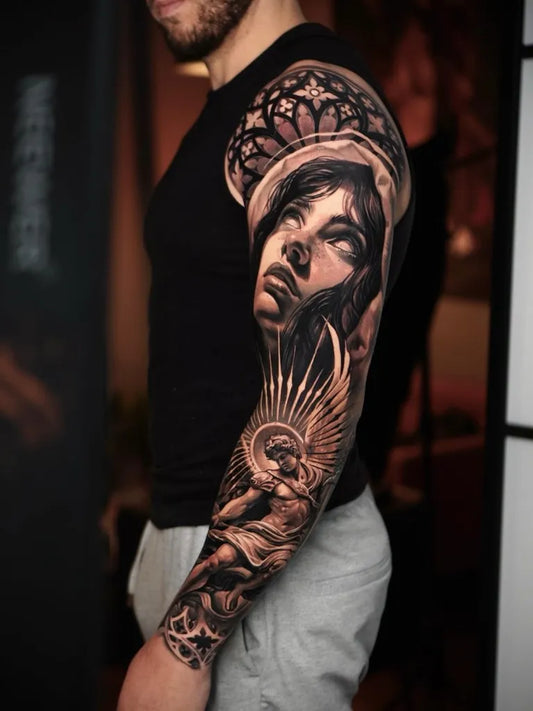 Big Realism Angel with Halo and Wings Tattoo on Men Arm by @marktattoo_