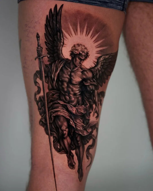 Big Realism Angel with Sword and Wings Tattoo on Men Thigh by @moe.ink_