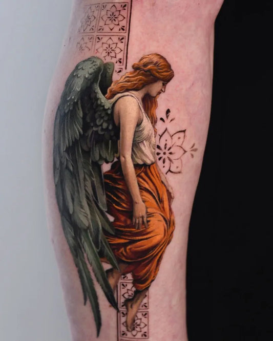 Big Realism Angel with Wings and Floral Border Tattoo on Women Thigh by @dm.tatts