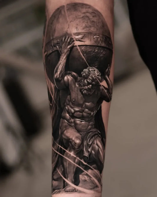 Big Realism Atlas Holding Globe Tattoo on Men Arm by @inked.world_
