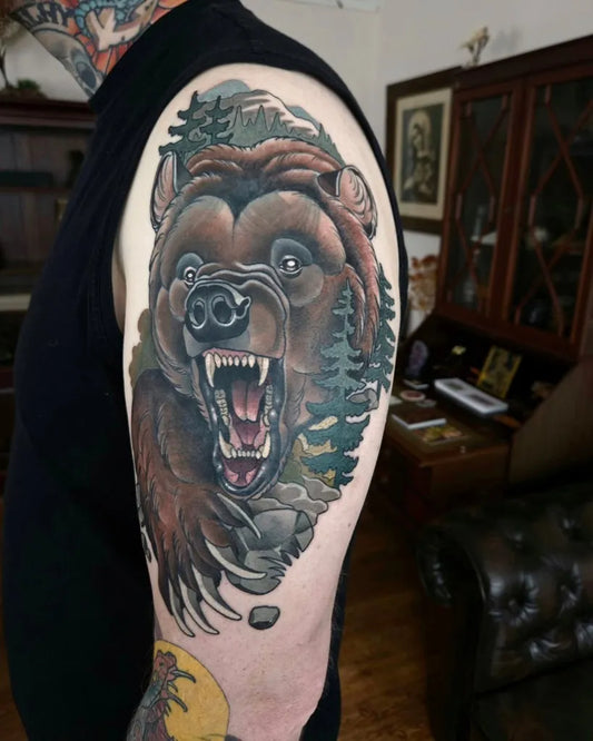 Big Realism Bear with Trees on Men Arm Tattoo by @anastasiarice