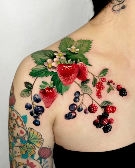 Big Realism Berry Cluster Tattoo on Women Shoulder by @txttoo