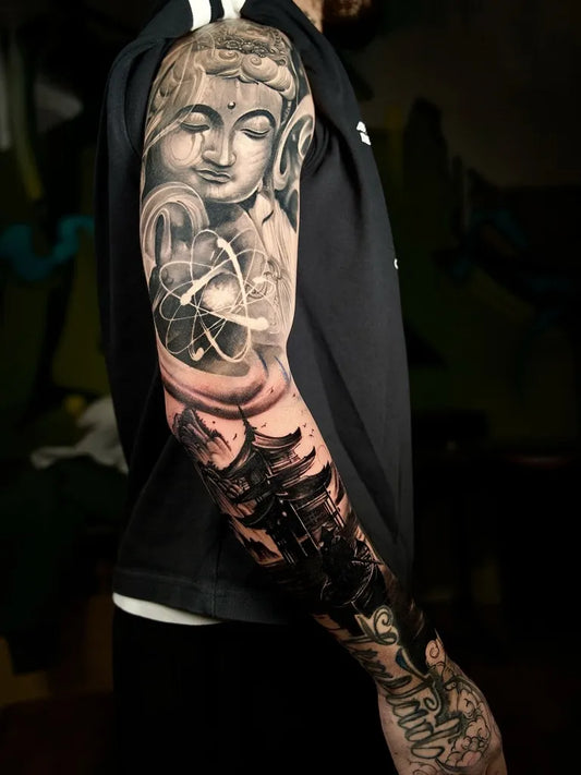 Big Realism Buddha with Trees and Pagoda Tattoo on Men Arm by @tattsbycris