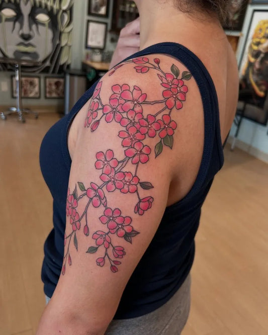 Big Realism Cherry Blossom Branches on Women Shoulder Tattoo by @carrieblacktattoo