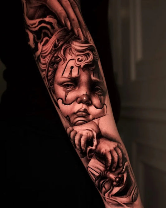 Big Realism Cherub Angel Tattoo on Men Arm by @francescofrigenti_tats