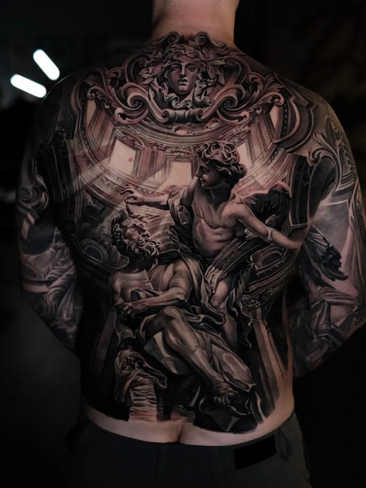 Big Realism ClassicalSculptureAngelsAndFigures Tattoo on Men Back by @rubentattooer
