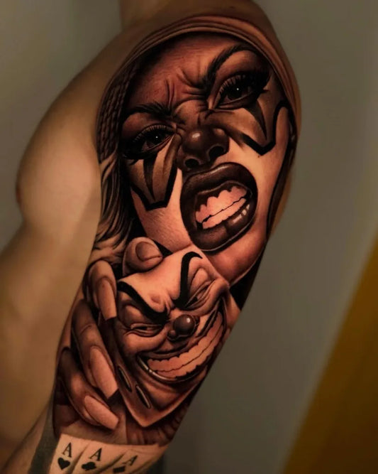 Big Realism Clown Face and Card Tattoo on Men Arm by @nicoladivanoo