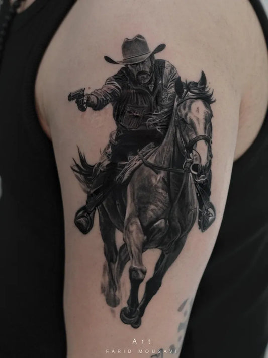 Big Realism Cowboy on Horse Tattoo on Men Arm by @tattooers1